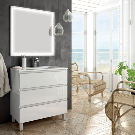 Meuble de salle de bain simple vasque - 3 tiroirs - blanc - PALMA et miroir Led VELDI - 100cm (1/5)