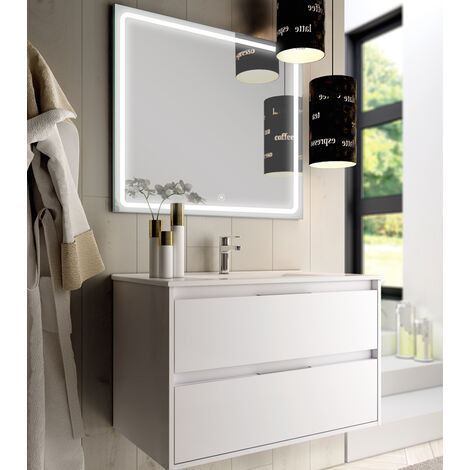 Meuble de salle de bain simple vasque - 2 tiroirs - blanc - IRIS et miroir Led VELDI -100cm (1/5)