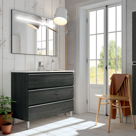 Meuble de salle de bain simple vasque - 3 tiroirs - ebony (bois noir) - PALMA et miroir Led STAM - 70cm (1/2)