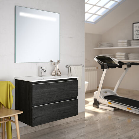 Meuble de salle de bain simple vasque - 2 tiroirs - ebony (bois noir) - BALEA et miroir Led STAM - 80cm (1/3)