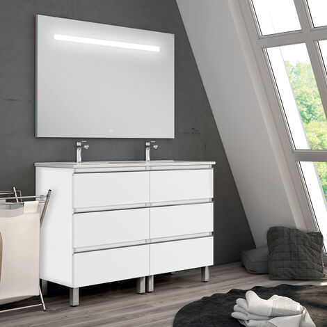 Meuble de salle de bain double vasque - 6 tiroirs - blanc - PALMA et miroir Led STAM - 120cm (1/3)
