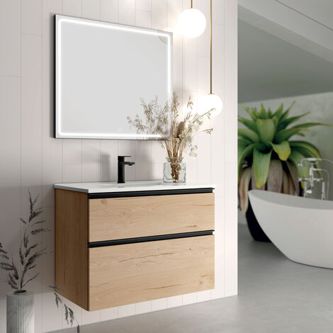 Meuble de salle de bain simple vasque - 2 tiroirs - CREMA et miroir Led VELDI - 80cm (1/5)
