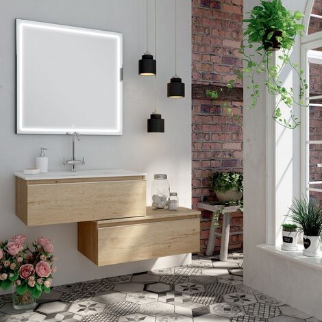 Meuble de salle de bain simple vasque - 2 tiroirs - bambou (chêne clair) - PENA et miroir Led VELDI - 120cm (1/4)