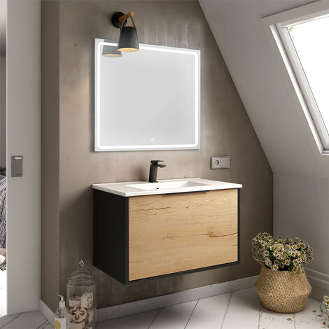 Meuble de salle de bain simple vasque - 1 façade et 2 tiroirs - ALBA et miroir VELDI - 80cm (1/3)