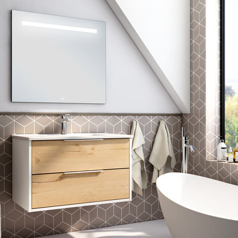 Meuble de salle de bain simple vasque - 1 façade et 2 tiroirs - ALBA et miroir STAM - 80cm (1/2)