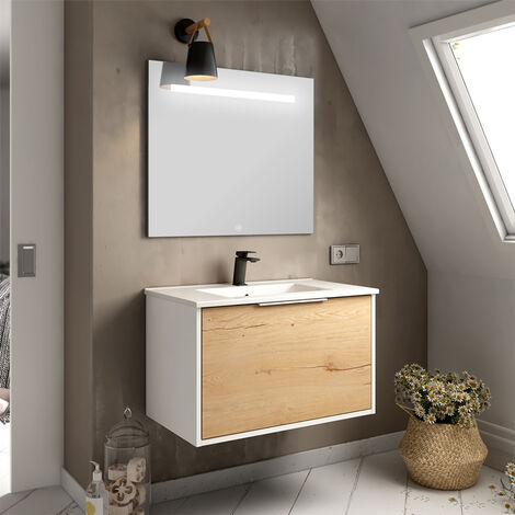 Meuble de salle de bain simple vasque - 1 façade et 2 tiroirs - ALBA et miroir STAM - 80cm (1/2)