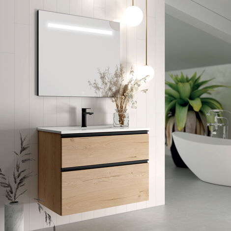 Meuble de salle de bain simple vasque - 2 tiroirs - CREMA et miroir Led VELDI - 80cm (1/4)