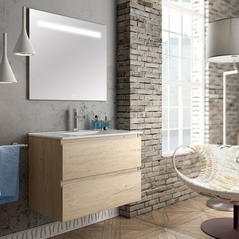 Meuble de salle de bain simple vasque - 2 tiroirs - bambou (chêne clair) - BALEA et miroir Led STAM - 60cm (1/4)
