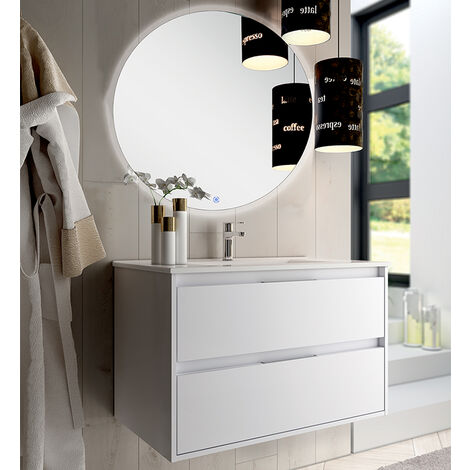 Meuble de salle de bain simple vasque - 2 tiroirs - blanc - IRIS et miroir rond Led SOLEN - 80cm (1/3)
