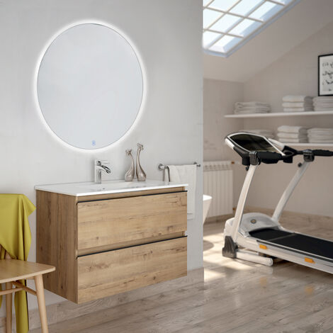 Meuble de salle de bain simple vasque - 2 tiroirs - TOURA et miroir rond Led SOLEN - 80cm (1/4)