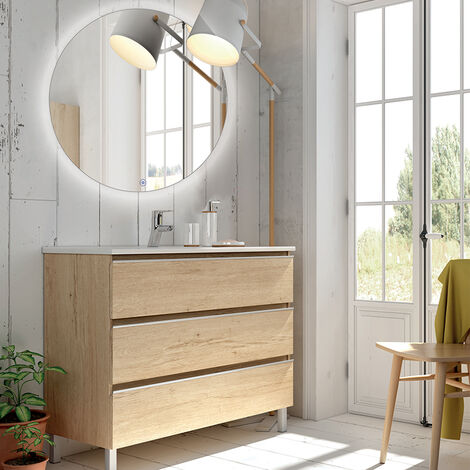 Meuble de salle de bain simple vasque - 3 tiroirs - bambou (chêne clair) - PALMA et miroir rond Led SOLEN - 70cm (1/4)