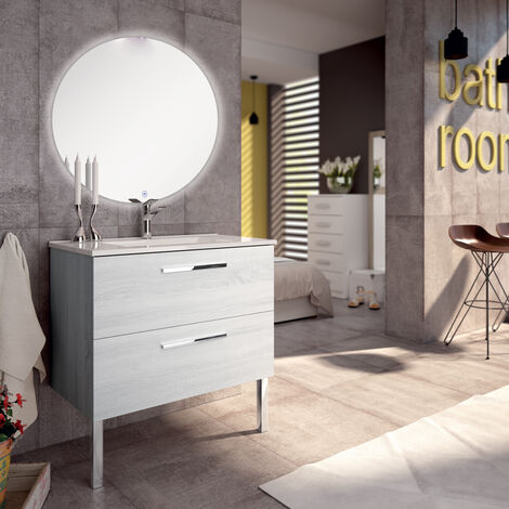 Meuble de salle de bain simple vasque - 2 tiroirs - hibernian (bois blanchi) - CINTO et miroir rond led SOLEN - 80cm (1/4)