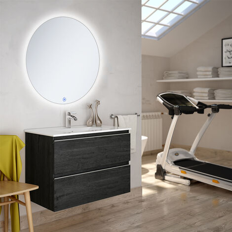 Meuble de salle de bain simple vasque - 2 tiroirs - ebony (bois noir) - BALEA et miroir rond Led SOLEN - 80cm (1/3)
