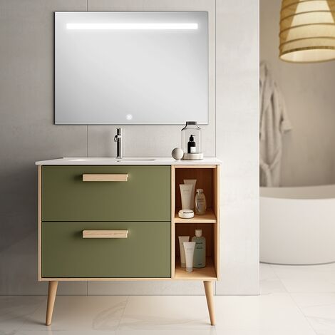 Meuble de salle de bain vasque déportée - 2 tiroirs - vert olive - MALIA et miroir Led STAM - 80cm (1/3)