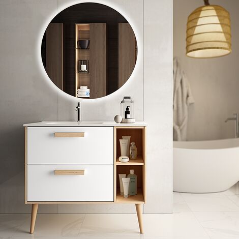 Meuble de salle de bain vasque déportée - 2 tiroirs - MALIA et miroir rond Led SOLEN - 80cm (1/3)