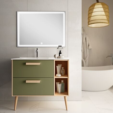 Meuble de salle de bain vasque déportée - 2 tiroirs - vert olive - MALIA et miroir Led VELDI - 80cm (1/3)