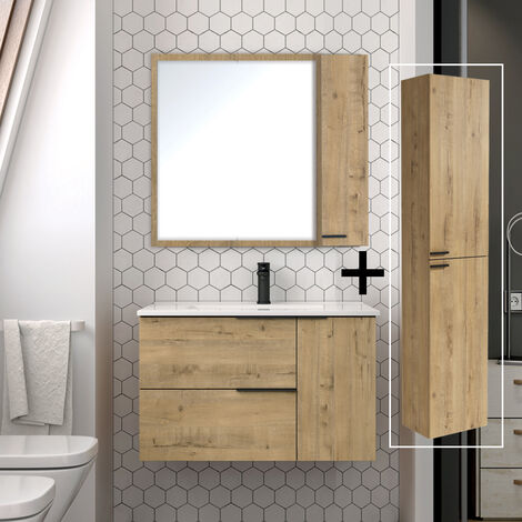 Ensemble meuble de salle de bain 80cm vasque déportée + colonne de rangement - roble (chêne clair) - KING