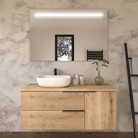 Meuble de salle de bain avec vasque à poser arrondie - roble (chêne clair) - KING et miroir Led STAM - 120cm