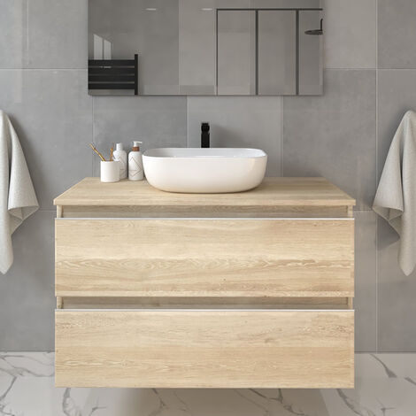 Meuble de salle de bain sans miroir avec vasque à poser arrondie - bambou (chêne clair) - BALEA - 80cm (1/5)