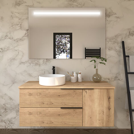 Meuble de salle de bain avec vasque à poser ronde - roble (chêne clair) - KING et miroir Led STAM - 120cm (1/3)
