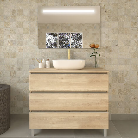 Meuble de salle de bain avec vasque à poser arrondie - bambou (chêne clair) - PALMA et miroir Led STAM - 80cm (1/5)