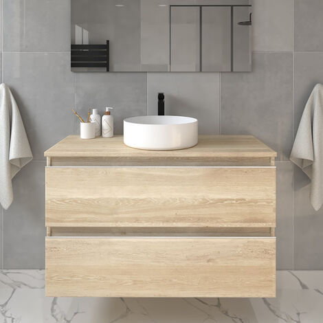 Meuble de salle de bain sans miroir avec vasque à poser ronde - bambou (chêne clair) - BALEA - 80cm (1/5)