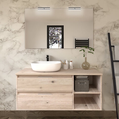 Meuble de salle de bain cambrian (chêne clair) - OLYMPE avec vasque à poser arrondie et miroir avec appliques - 120cm (1/5)