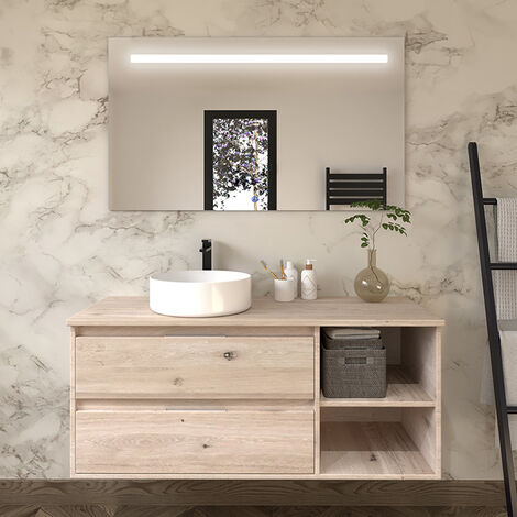 Meuble de salle de bain cambrian (chêne clair) - OLYMPE avec vasque à poser ronde et miroir Led STAM - 120cm (1/4)
