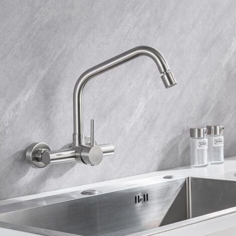 ONECE Robinet de Cuisine Mural 2 Jets d'eau, Mitigeur d'évier Cuisine en Acier Inoxydable 304, Robinet Cuisine avec Bec Rotatif, Mitigeur Encastré Monocommande Pivotant à 360°, Brossé