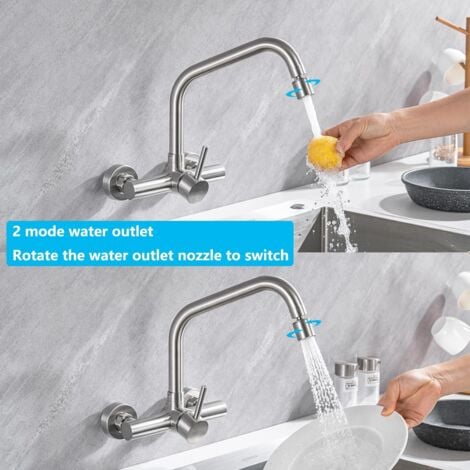ONECE Robinet de Cuisine Mural 2 Jets d'eau, Mitigeur d'évier Cuisine en Acier Inoxydable 304, Robinet Cuisine avec Bec Rotatif, Mitigeur Encastré Monocommande Pivotant à 360°, Brossé