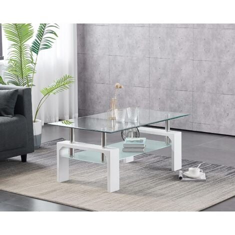 FURNIZONE UK Cosmo Clear Glass Top and Frosted Shelf with White High Gloss Coffee Table