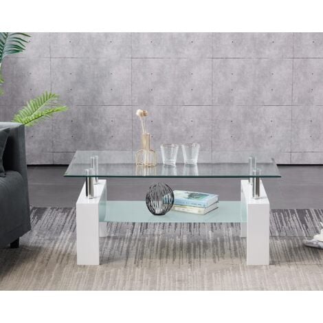 FURNIZONE UK Cosmo Clear Glass Top and Frosted Shelf with White High Gloss Coffee Table