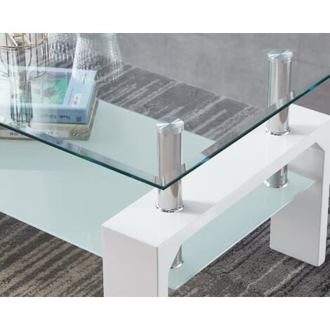 FURNIZONE UK Cosmo Clear Glass Top and Frosted Shelf with White High Gloss Coffee Table
