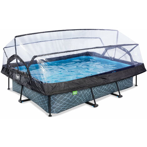 Exit Toys – Piscine tubulaire rectangulaire 300x200x65cm – Grise imitation bois – Pompe filtrante incluse – Dôme pour baignade par tous les temps