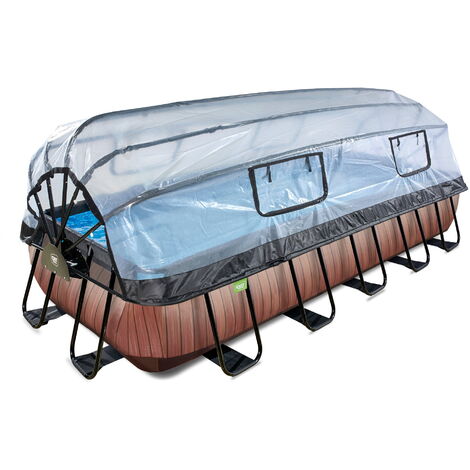 Exit Toys – Piscine hors sol rectangulaire 540x250x100cm – Châssis en bois – Pompe filtrante à sable – Dôme transparent avec vérin gonflable (1/8)