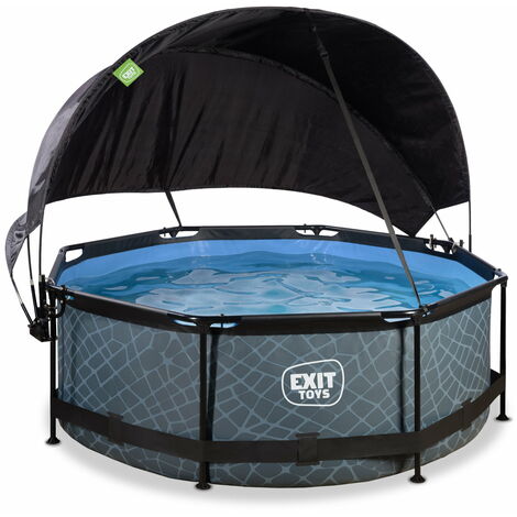 Exit Toys – Piscine tubulaire ronde ø244x76cm avec pompe filtrante – Voile d'ombrage ajustable – Cadre en acier thermolaqué – Couleur grise