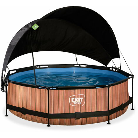 Exit Toys – Piscine tubulaire ronde Ø300x76cm – Acier thermolaqué imitation bois – Pompe filtrante incluse – Voile d'ombrage ajustable (1/6)
