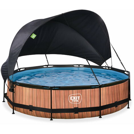Exit Toys – Piscine tubulaire ronde 360x76cm – Acier thermolaqué imitation bois – Pompe filtrante incluse – Voile d'ombrage pour protection solaire