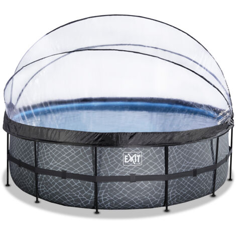 Piscine EXIT Stone ø450x122cm avec pompe filtrante à sable et dôme - grise (1/5)