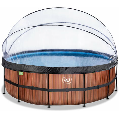 Piscine EXIT Wood ø450x122cm avec pompe filtrante à sable et dôme - marron (1/5)