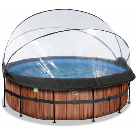 Piscine EXIT Wood ø427x122cm avec pompe filtrante à sable et dôme - marron