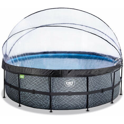 Piscine EXIT Stone ø450x122cm avec pompe filtrante à sable et dôme et pompe à chaleur - grise (1/5)