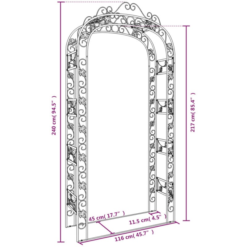 Arche de jardin Noir 116x45x240 cm Acier vidaXL 4