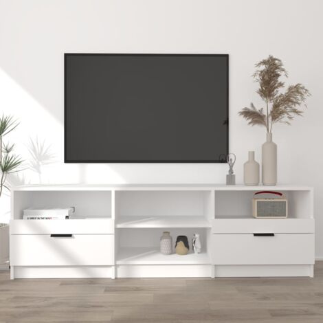 Jinlefu – Meuble TV blanc 150x33,5x45 cm en bois d'ingénierie – Résistant à l'humidité – Grand espace de rangement avec tiroirs et étagères (1/6)