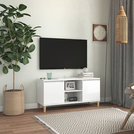 Armoire télévisée avec des jambes en bois clair équipées de 2 portes et de divers compartiments de couleurs Couleur : Blanc brillant