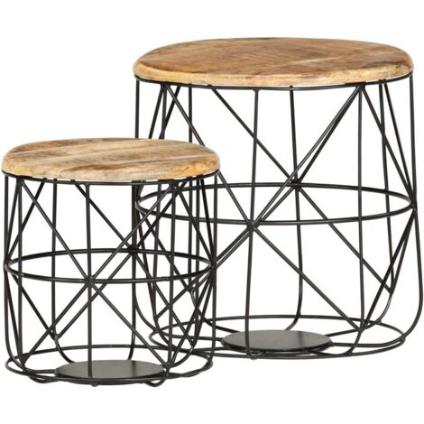 DecoIn Ensemble Table Basse Couleur Bois avec 2 poufs en Tissu