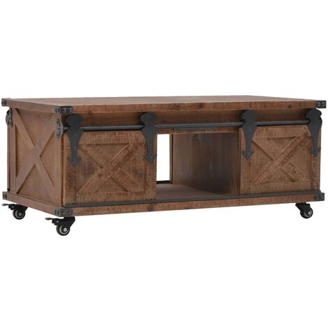 Vidaxl – Table basse fixe en bois de sapin massif 91x51x38 cm marron – 3 compartiments – 4 roulettes flexibles pour déplacement facile