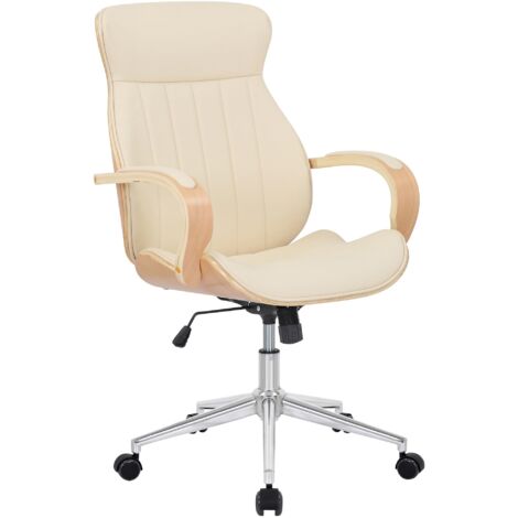 CLP – Chaise de bureau pivotante 360° – Cadre en bois clair – Assise en simili-cuir crème – Hauteur réglable 45-53 cm – Largeur 63 cm