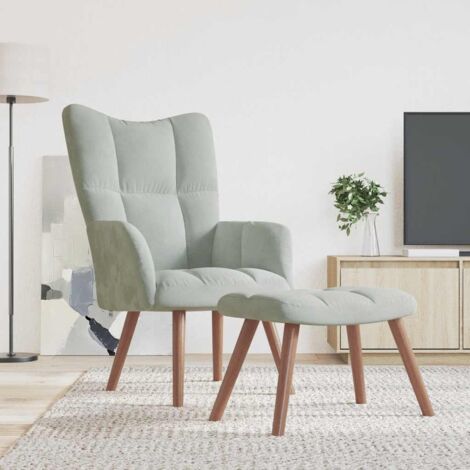 Vidaxl – Fauteuil relax en velours gris clair – Repose-pied inclus – Mousse épaisse pour confort optimal – Cadre en acier et pieds en bois d'hévéa
