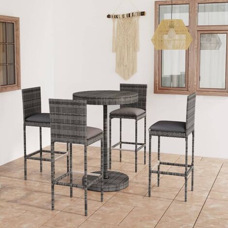 Ensemble de bar de jardin 5 pcs et coussins Résine tressée Gris vidaXL